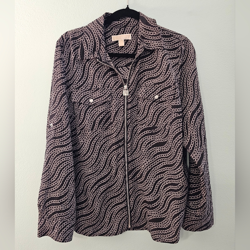Michaels Black Blouse Shirt With Black And White Chain-Pattern Zip Front Top